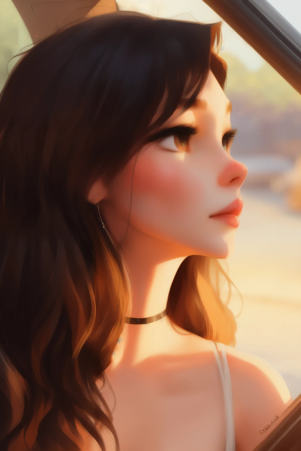 SamDoesArt , half body, girl with neutral expression, she wear a red, young girl, long brown hair, grey eyes, intricate detail, cute face , cute expressions, full body, ginnifer goodwin