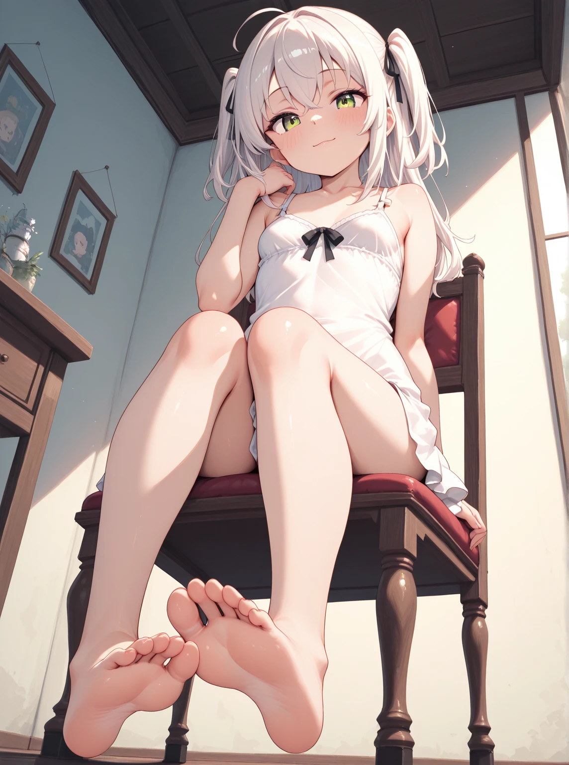 (masterpiece:1.2), best quality, high resolution, unity 8k wallpaper, (illustration), extremely detailed face, perfect lighting, extremely detailed CG, <lora:komako semenovich ova-lora-nochekaiser:0.9>, komako semenovich, ribbon, twintails, hair ribbon, white hair, dress, white dress, frontal view, looking at viewer, (beautiful detailed eyes), blue eyes, sitting on bed, barefeet, feet focus, smile, soles, toes, from below:1.1, [five toes:1.2, feet], open lips, hands at sides