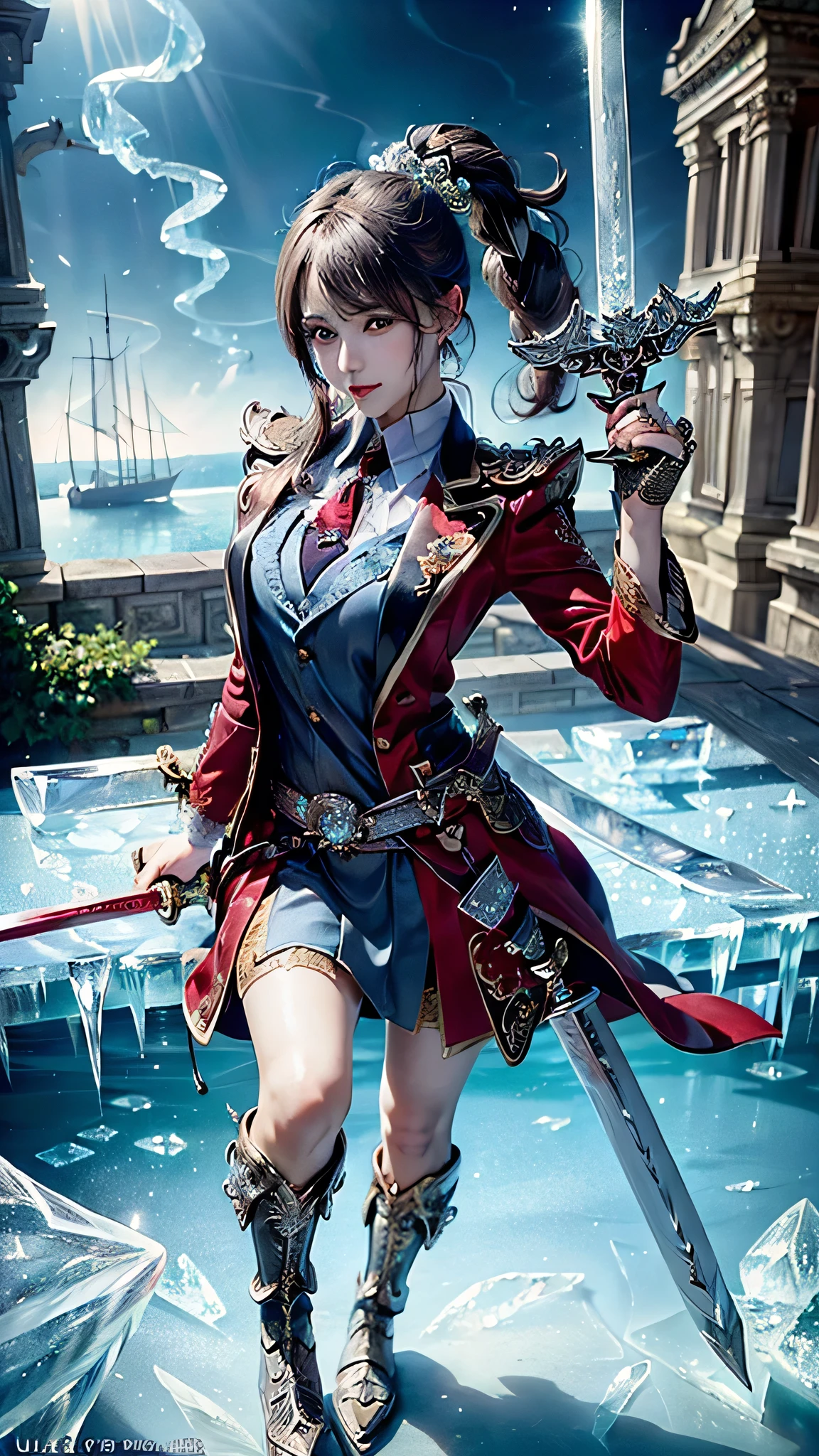 (32K, top quality, masterpiece, photorealistic, ultra fine), night, Medieval Europe, A world of magic and swords, Battle with Monsters:1.3, with extremely detailed skin and face textures:1.3, long ponytail, perfect dynamic composition, (Tall female warrior:0.9, red blazer and tie:1.1), light makeup, Fair skin, ((slender with SMG)), (water, wind, thunder, ice, Wear an Elaborate Ring, Poses holding a large sword with both hands:1.3), (Small Faces, Very Beautiful Face:1.0, enchanting:0.8, overly sensual:0.8, charm的な:0.8), scrunchies, socks, I might wear , romantic, artistic, Mysterious, Object of praise, Original, Dramatic, Innovative, charm, Heartful, gorgeous, sense of loss,   special  ,  exciting, Extreme, (((若さのcharm, 女性的なcharm))) , Ancient castle in the background 