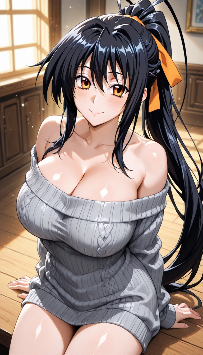 (masterpiece, Highest quality), One girl,    Yunyun,Long Hair,Braiding,Twin tails,Hair between the eyes,Red hair ribbon,hair ornaments,large round breasts,、Black Hair、Red Eyes、(smile:1.2)、bed、Crown Blade,Yellow off-the-shoulder pajamas、Black shorts、cowboy shot、(blush)、bedに座ってる