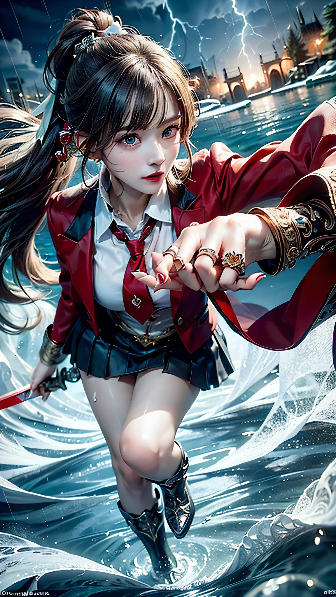 (32K, top quality, masterpiece, photorealistic, ultra fine), night, Medieval Europe, A world of magic and swords, Battle with Monsters:1.3, with extremely detailed skin and face textures:1.3, long ponytail, perfect dynamic composition, (Tall female warrior:0.9, red blazer and tie:1.1), light makeup, Fair skin, ((slender with SMG)), (water, wind, thunder, ice, Wear an Elaborate Ring, Poses holding a large sword with both hands:1.3), (Small Faces, Very Beautiful Face:1.0, enchanting:0.8, overly sensual:0.8, charm的な:0.8), scrunchies, socks, I might wear , romantic, artistic, Mysterious, Object of praise, Original, Dramatic, Innovative, charm, Heartful, gorgeous, sense of loss,   special  ,  exciting, Extreme, (((若さのcharm, 女性的なcharm))) , Ancient castle in the background 