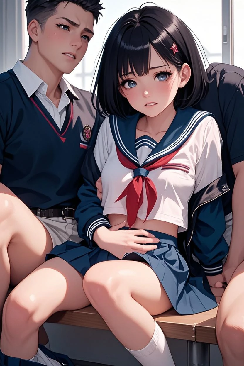 NSFW, (((photographrealistic))), (Shiny skin), (closing eye、Open your mouth)、(nffsw, in 8K,Wallpaper, High resolution), Perfect ???????, Cinematic lighting, Physically-based rendering, Award-winning, highlydetailed skin, extra detailed face, Eyes with beautiful details, Carl Zeiss 85mm F/1.4, (1 man and 1 girl, a couple:1.5), Cute 16 year old Japan schoolgirl, sitting in the chair, (Black hair, Brown eyes, Round face), middlebreasts, Wet school blouse with ribbon, Navy Pleated Skirt Lift, Navy High Socks,Spread legs, Thigh Focus, In the classroom, Blue Hour, (One man is a student, A student is hugging a girl from behind:1.5), student clothes, ((Student touching girl's panties:1.5)), [Full body shot], Shot from below,