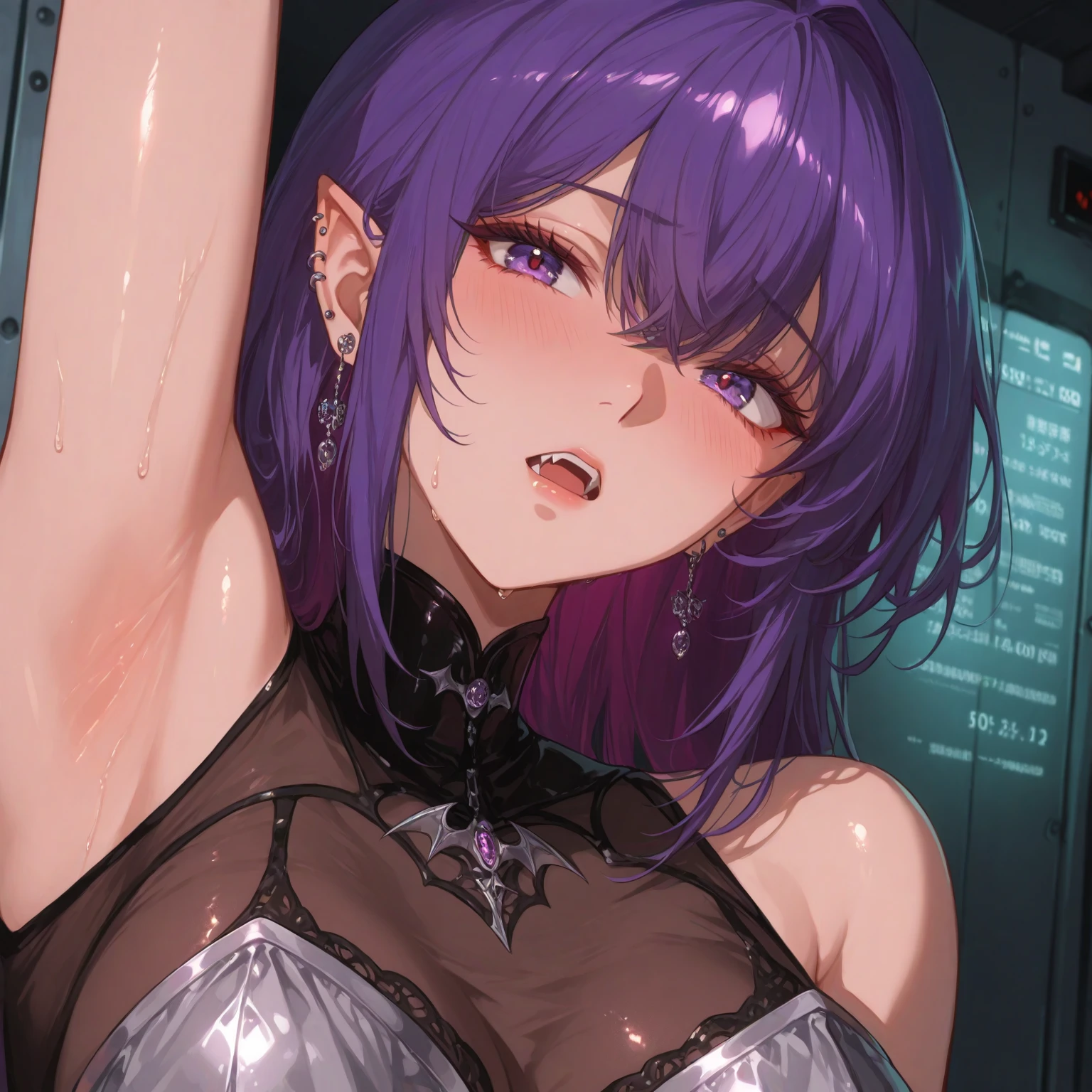 a young woman with long silver hair, wolf ears, in a purple transparent swimsuit with C-cup breasts, wearing a collar and leash, expression of pain, highly detailed, 8k, photorealistic, cinematic lighting, dramatic pose, beautiful detailed eyes, beautiful detailed lips, extremely detailed face, long eyelashes, fantasy, concept art