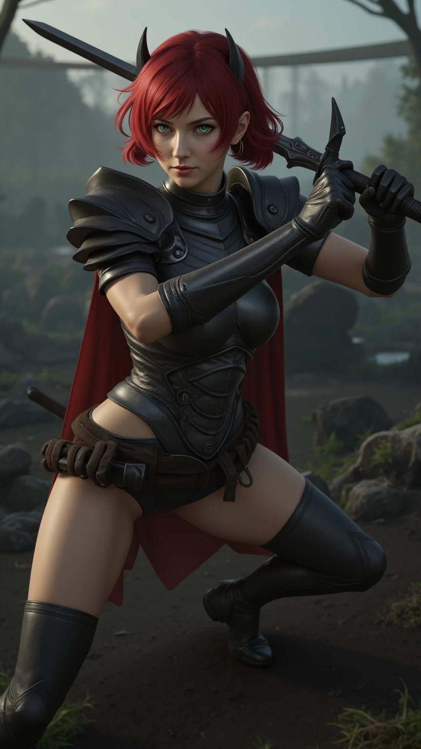 Russian goddess short white hair, tomboy cut, round face, thin nose, paper-clear skin, red leather pants, wearing a red blood armor chestpiece, red armor gloves, holding a butcher knife in one hand, eyes black as coal, macabre smile