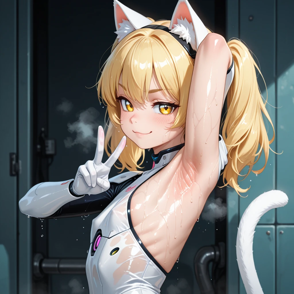 ((Masterpiece)), UHD, cinematic lighting, messy hair, (nipples are transparent, shy and blush face), Textured skin, Slender small breasts, cat ears, light gold hair、Extend your right hand, Cute Beautiful Girl、wet and transparent ragged camisole, slum town