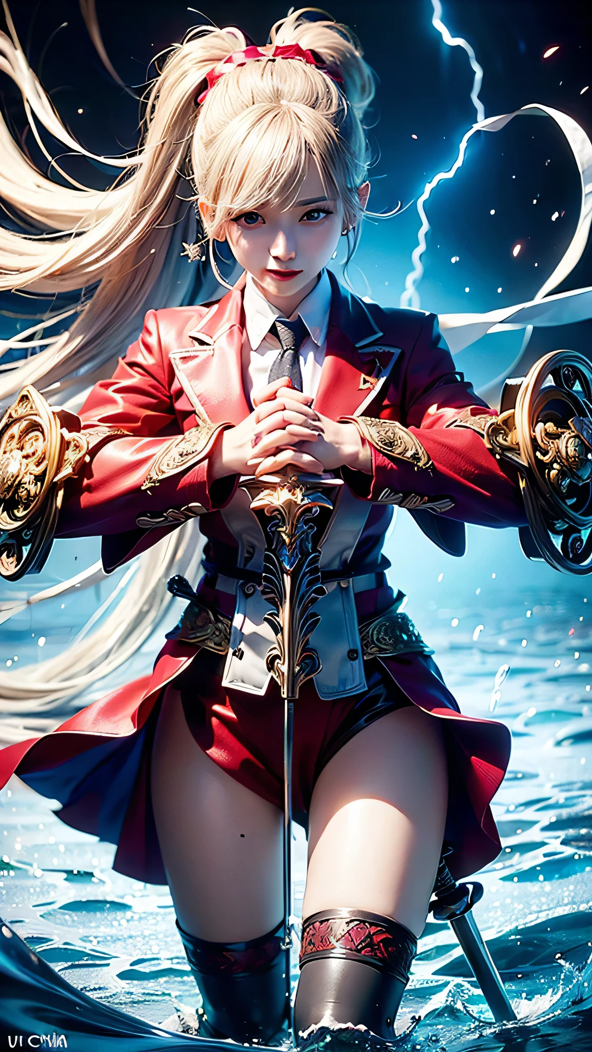 (32K, top quality, masterpiece, photorealistic, ultra fine), night, Medieval Europe, A world of magic and swords, Battle with Monsters:1.3, with extremely detailed skin and face textures:1.3, long ponytail, perfect dynamic composition, (Tall female warrior:0.9, red blazer and tie:1.1), light makeup, Fair skin, ((slender with SMG)), (water, wind, thunder, ice, Wear an Elaborate Ring, Poses holding a large sword with both hands:1.3), (Small Faces, Very Beautiful Face:1.0, enchanting:0.8, overly sensual:0.8, charm的な:0.8), scrunchies, socks, I might wear , romantic, artistic, Mysterious, Object of praise, Original, Dramatic, Innovative, charm, Heartful, gorgeous, sense of loss,   special  ,  exciting, Extreme, (((若さのcharm, 女性的なcharm))) , Ancient castle in the background 