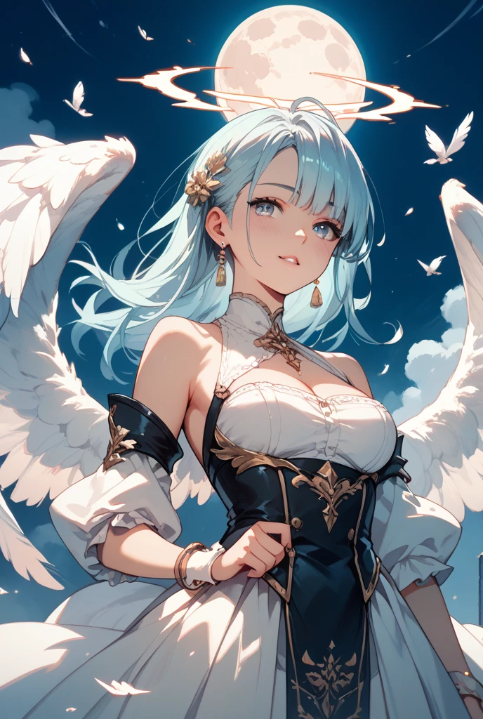 ((masterpiece, sidelighting, finely detailed beautiful eyes: 1.2)), ultra-detailed, ultra high res, professional lighting, beautiful blue sky, high quality makeup, beautiful detailed eyes, sexy, beautiful, big eyes, (drooping eye:1.3), (seraph), solo, alone, slender body, (Circle of Angels:1.2), (Angel Wings:1.3), blue sapphire eyes, wide sleeves, outdoors, highest quality, ultra detailed, Soft light, (rime:1.3), Extremely cute, (extremely detailed beautiful face), Authentic skin texture, beautiful hair, beautiful face, beautiful eyes, beautiful body, beautiful hands, (grin smile:1.6), (face focus, cleavage breasts focus, thigh focus:1.4)