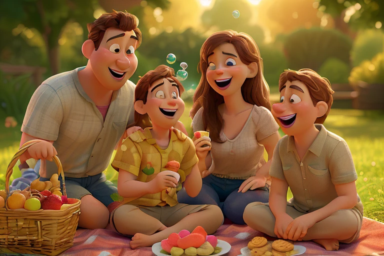 Cartoon of a white-skinned girl named Laís, branca, de cabelos castanho escuro e cacheado comprido abaixo do ombro, having fun on vacation together with daddy Jaime, moreno, alto, olhos pretos, sorridente e de terno Cinza, e cabelos grisalhos, and his other daughter Lavinia, pequena, smaller than Laís, morena igual ao pai, shorter shoulder-length hair, cacheado e crespo, bem enrolado, sorridente e olhos com brilhos e covinhas na bochecha, and with us is his wife Daniela, com uns 15 centimentros menor que o pai Jaime de 1,86 cm, and Laís also in her mother Daniela's altuma, and Daniela has white skin like Laís, sorridente, um pouco corpuda, seios grandes, cabelo liso preto e ondulados, Right ahead of him was a boxer dog, marrom e branco, 3D Animation Movie Poster, Poster de filme animado, pixar 3 d animation style, pixar renderman rendering, maia 8 mil, animated film, Disney Pixar Estilo 3D, amigos felizes saem juntos, as 3 mulheres de vestidos rosa comprido e com cinto bem delicado na cintura, ao ar livre, vacation, Disney Pixar Animation Poster
