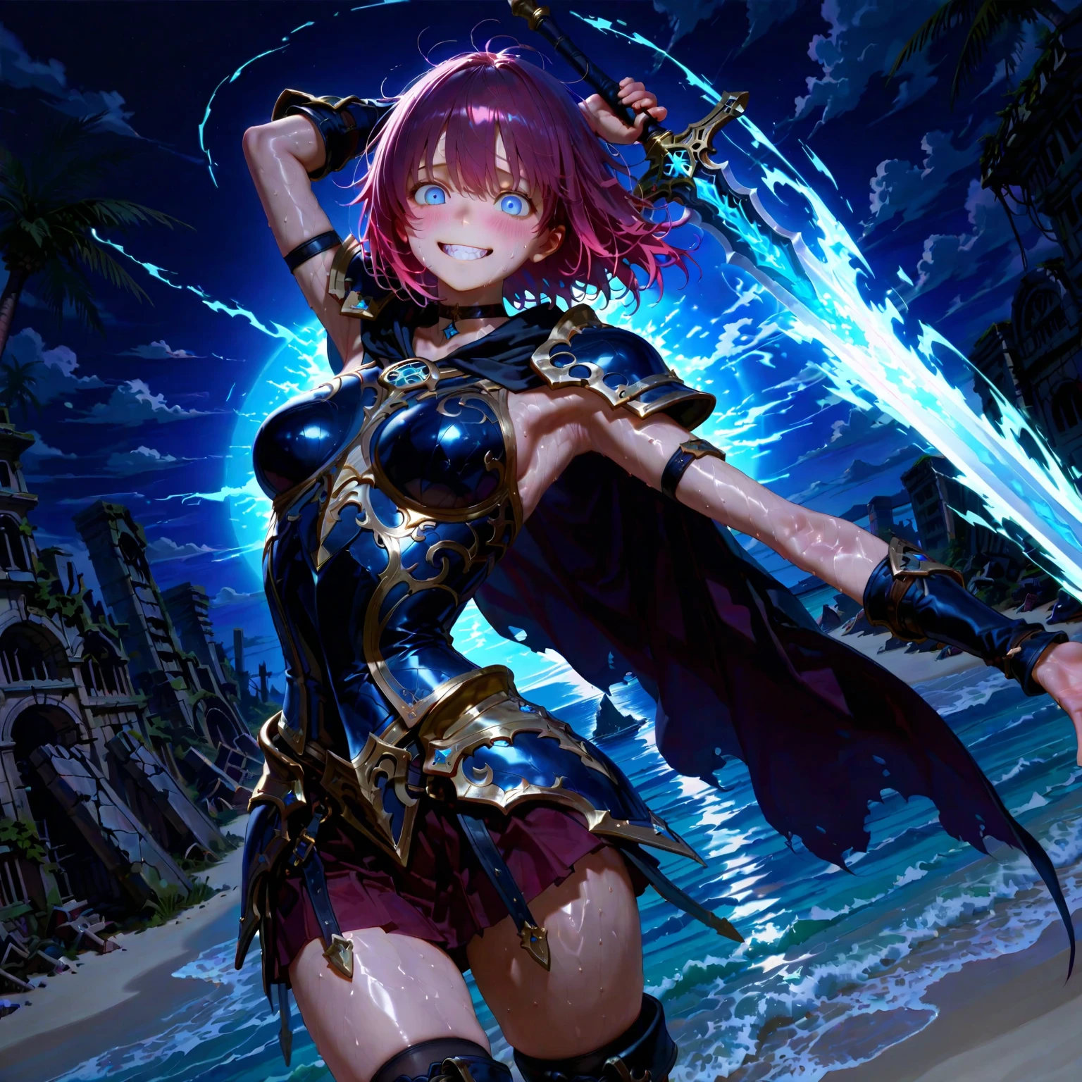 最high quality、high quality、Simple Cloth Armor、Chibi Girl Adventurer、,Pitch-dark underground labyrinth、No light、skirt、Equipped with a dagger and a shield, Head above water、Lower body underwater, Underwater photography、浮力でskirt捲れる