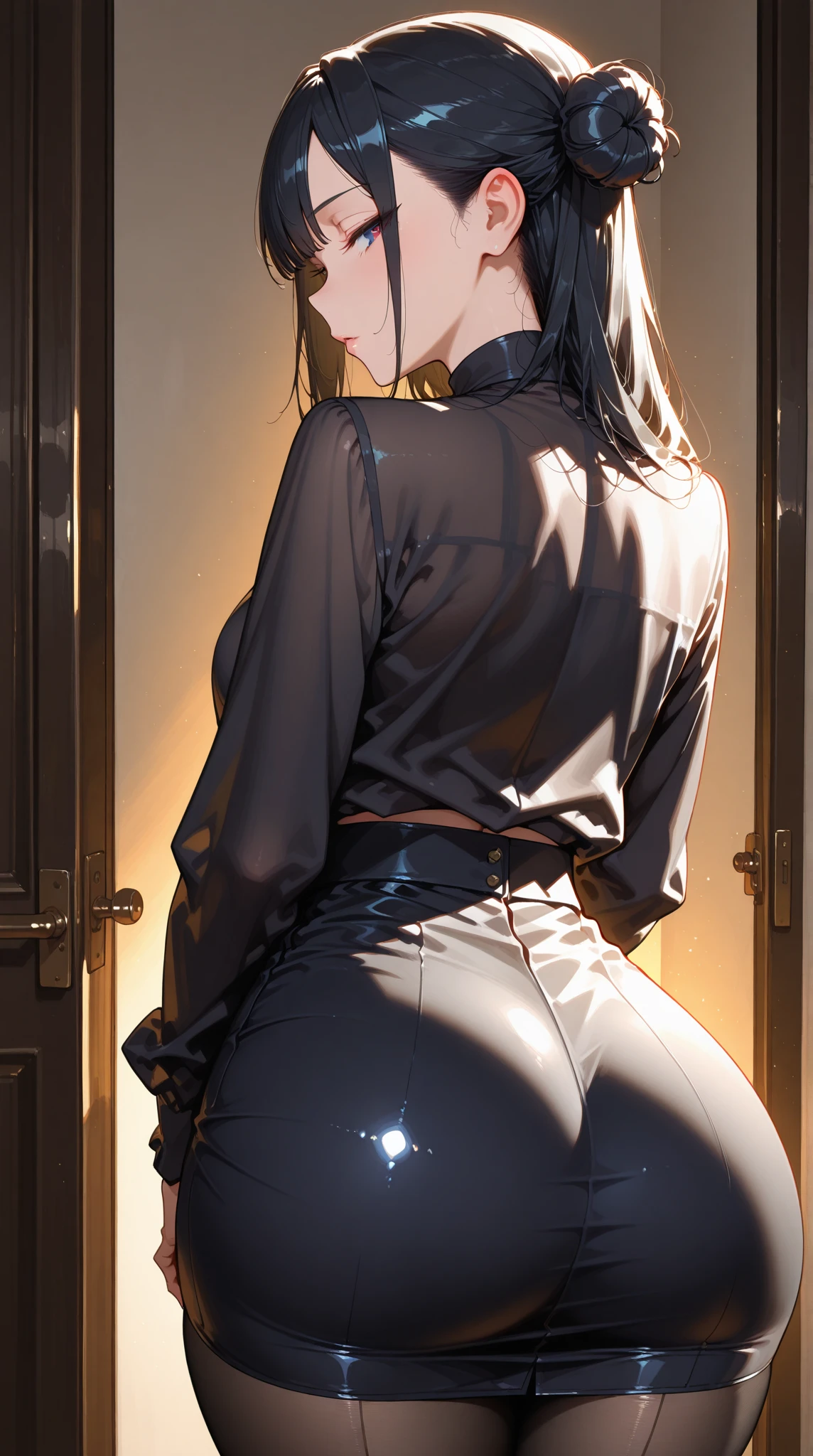 1girl, female_solo, mature black woman, long brunette ponytail, ,medium_breasts, brown_eyes, slim_figure, lipstick, av idol, Drawstring Hoodie Ruched Dress, Casual Long Sleeve Dress, pier at night, hands on rail, Enhance, by the pier, back turned 