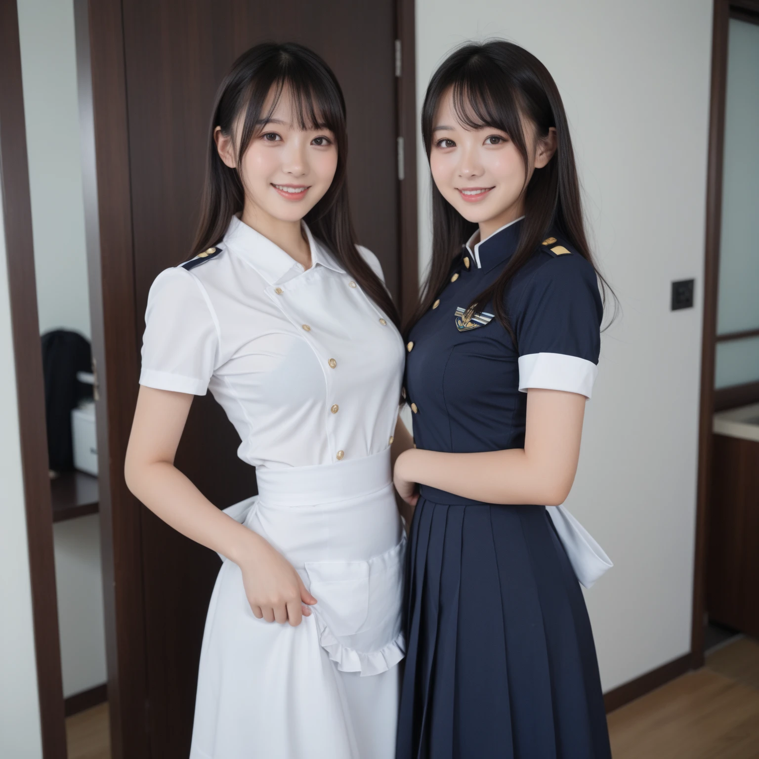 (black hair、 policewoman、tie、Black pencil mini skirt、white dress shirt、cleavage is visible、Inside the police station、smile、beautiful teeth alignment、Are standing、)professional lighting、slender、adult woman、Big breasts that are about to explode、big ass、seductive thighs、whole body
