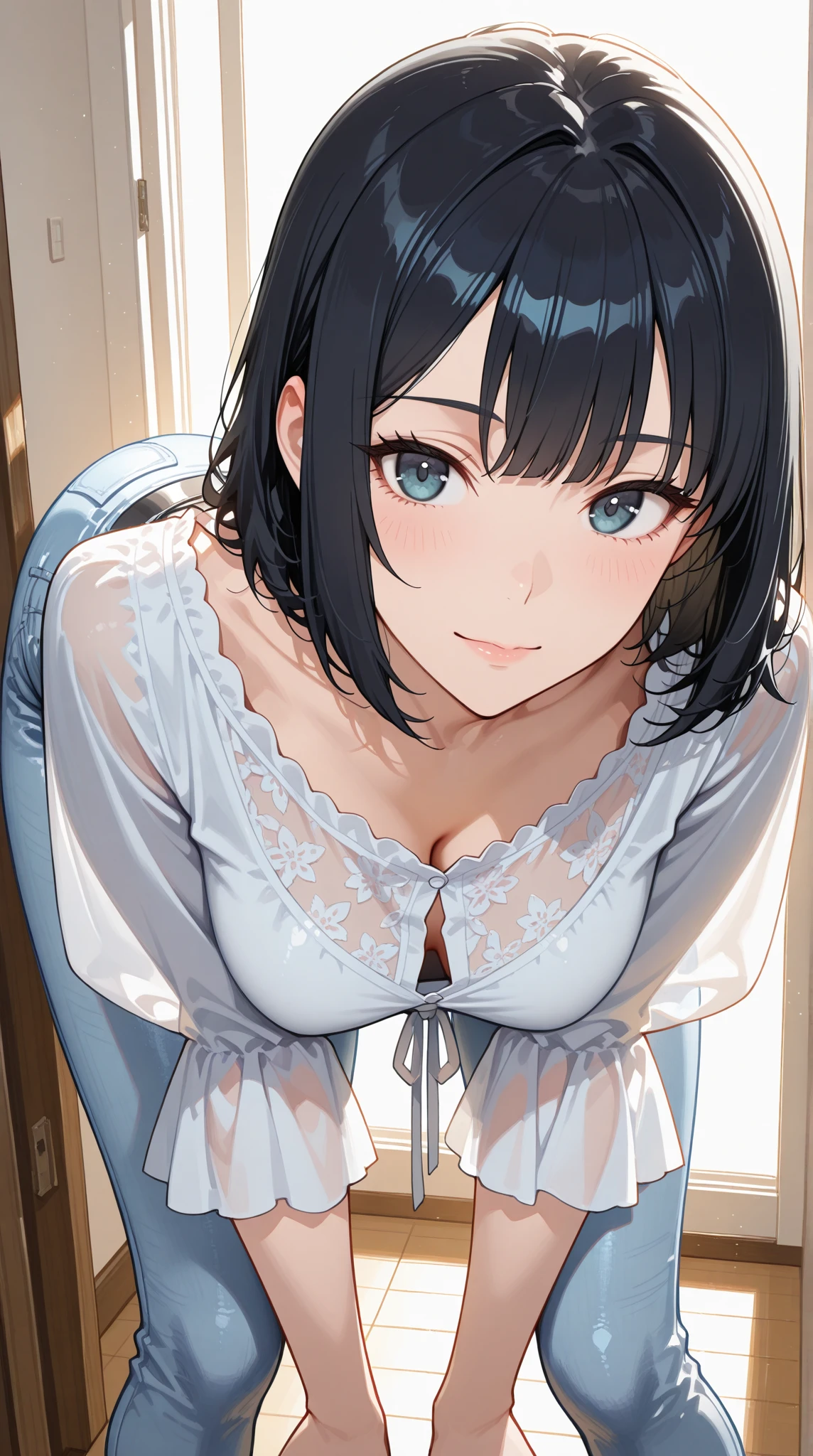 1girl, skinny, big breast, short brown hair, bangs, blue eyes, white nightgown, (tears, blushes), night, bedroom, ((half body))