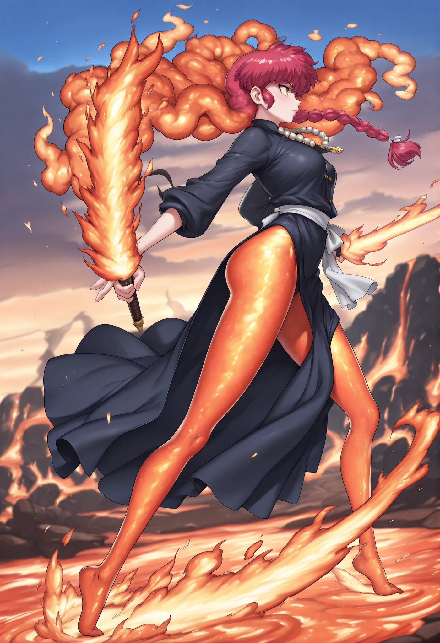 safe_pos, Ranma Saotome. red hair. pigtail. blue eyes. braid. small breasts. huge hips. necklace. black eyeliner. pink manicure. | safe_pos, core_9, score_8_up, score_8, semi realistic, ultra detailed, 8k, high quality, hi res, high quality, detailed eyes, perfecteyes, detailed face, 1girl, sharp focus, cowboy-shot, focus on hip, (1girl:1.2), fire elemental, fiery form, (((flaming sword))), (((long legs, glowing ember skin, long flowing lava hair))), realistic, cinematic angle, cinematic lighting, ethereal body, intense face, burning orange eyes, dynamic pose BREAK rising from a volcanic crater at sunset BREAK source_fantasy_art, rating_explicit, expressive, full body, (((side view))), ((dynamic pose)) BREAK detailed beautiful background, molten lava, billowing smoke, glowing embers, rugged volcanic rocks, dramatic sunset, fiery atmosphere (((full clothed)))