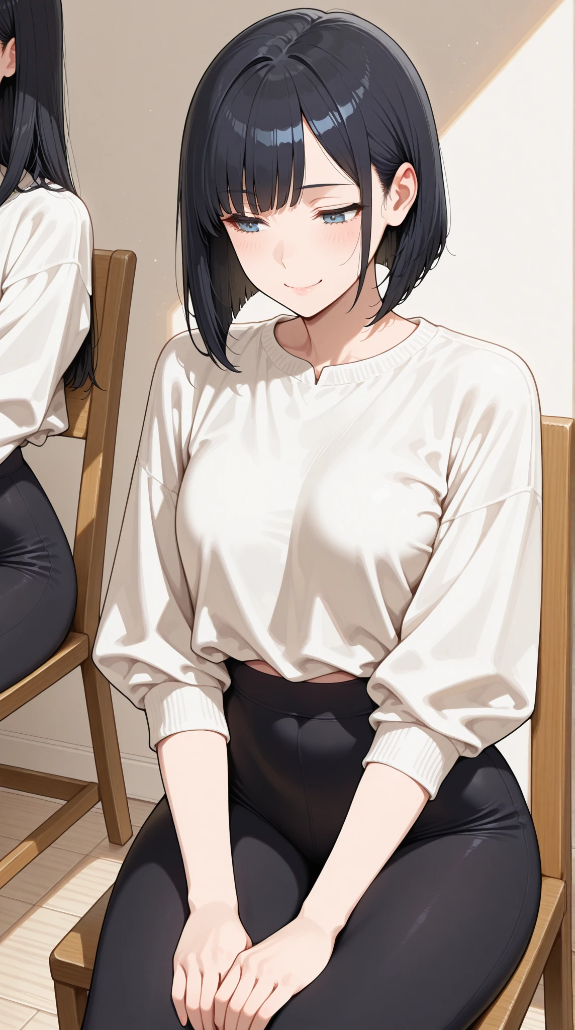 A woman with very long black hair, (very long hair:1.25) and (long bangs:1.5), wearing a stylish wool turtleneck sweater with jeans, long sleeves, (low-rise jeans:1.25), (low-cut jeans:1.25), standing. The artwork is inspired by manga and incorporates a doujin style. The woman appears to be (wetting herself:1.5), which causes her to feel embarrassed and humiliated, resulting in a blush on her face. In addition, there is an air of anger in her expression. The lighting in the scene is moody, with a spotlight highlighting the woman's figure, Her arms are crossed (crossing arms:1.5), showcasing a very large pee stain that covers almost the entire front of her jeans., large breasts, skinny