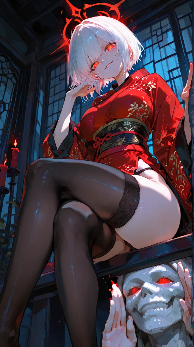 A female empress, short white hair, with yellow eyes, red nails, with strong physical characteristics, mostrando os peitos, legs open showing pussy, with an angry face and a provocative look. Wearing traditional Chinese imperial clothing, decorated in gold with black details, with red Hanafuda earrings, with a short red skirt. Lying on a white bed in a hotel room with a sunset in the window in the background.