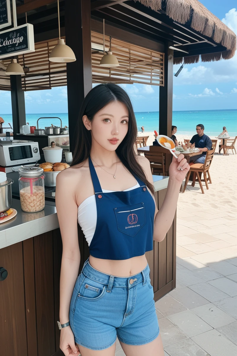 A girl (20 years old) wearing an apron and a super miniskirt at a beach house