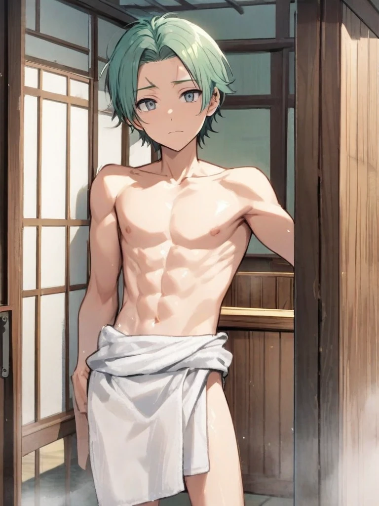 masterpiece, best quality, high quality, 1boy,10yo,, male focus, full body, looking at viewer, white blue hair,spiky hairstyle, short hair, steam smork, japan style, anime coloring, crying, home muji style, detailed face, topless, white towel on waist,finely eye and detailed face,bulge, onsen japanese style