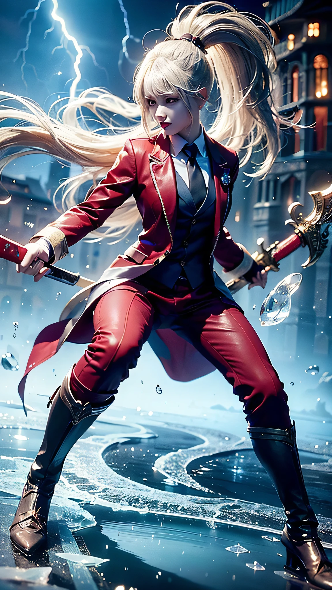 (32K, top quality, masterpiece, photorealistic, ultra fine), night, Medieval Europe, A world of magic and swords, Battle with Monsters:1.3, with extremely detailed skin and face textures:1.3, long ponytail, perfect dynamic composition, (Tall female warrior:0.9, red blazer and tie:1.1), light makeup, Fair skin, ((slender with SMG)), (water, wind, thunder, ice, Wear an Elaborate Ring, Poses holding a large sword with both hands:1.3), (Small Faces, Very Beautiful Face:1.0, enchanting:0.8, overly sensual:0.8, charm的な:0.8), scrunchies, socks, I might wear , romantic, artistic, Mysterious, Object of praise, Original, Dramatic, Innovative, charm, Heartful, gorgeous, sense of loss,   special  ,  exciting, Extreme, (((若さのcharm, 女性的なcharm))) , Ancient castle in the background 