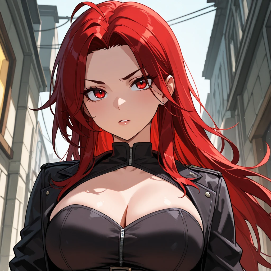 Woman punk long red hair green eyes big breast zombie