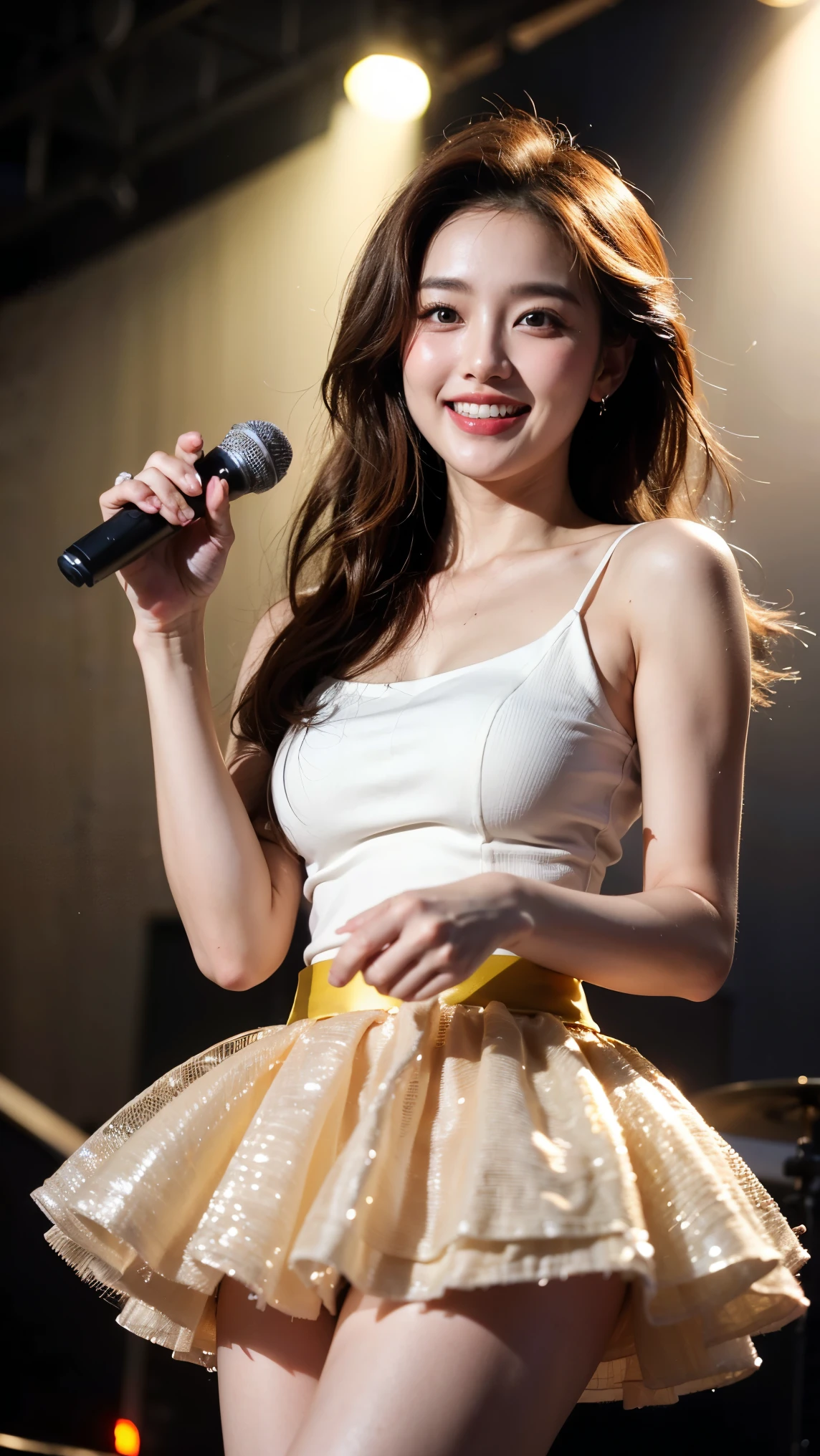 (highest quality、4K、High resolution、masterpiece: 1.2)、Very detailed、Genuine、Cowboy Shot、Bright colors、Studio Lighting、Sharp focus、Professional、(A beautiful 15 year old woman)、(super beautiful)、(Correct Anatomy)、(Perfect Professional Potion)、(Long eyelashes)、(Delicate and captivating eyes)、(Erotic and delicate lips)、(Her face is very detailed and clear.)、(Big Breasts)、(well-shaped breasts)、(Porcelain-like skin)、(Medium Hair)、(smile)、(Fairy-inspired costume:1.45)、(Fluorescent costume)、(top quality underwear)、(Top Of The Top Idol)、(Singing and dancing on a stage with a luxurious concert set)、(Dancing vigorously and exposing panties)、(Feeling elevated、Are sexually aroused、Sexually climaxed facial expressions:1.5)、Hair moving violently、Top Idolグループの中心メンバー、Spotlight、looking at the camera、Dome Tour Final Performance、A packed house of fans、Avid Fan、Large crowd、Enthusiastic audience、People clapping and cheering々、Diverse People々group of、Excited faces of the crowd、Packed stadium、An exciting atmosphere、Audience expectations、Crowd Energy、The buzz of lively conversation、Cheers echo through the air、Flags waving in the crowd、The sea of smiles、Fascinating performance on stage、Camera flashes in the crowd、The person who captures the moment々、Togetherness and shared experiences、The excitement of being part of something big、A memorable event worth celebrating、The joy of entertaining、The power of music and performance、Vibrant colors、Dynamic Lighting、Amazing visual effects、Captivating scenes with attention to detail、immersive experience、Vibrant atmosphere、Captured excitement、It's like being transported to another world、The magic of live entertainment、cr1r3