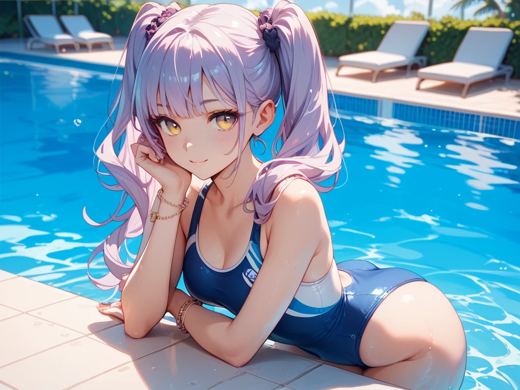 Light purple hair, white hair, long fluffy hair, loose hair, wearing a navy school swimsuit, "Hina" drawn on the swimsuit, pool background, eye color purple, red pinned bangs, young, girl, yojo