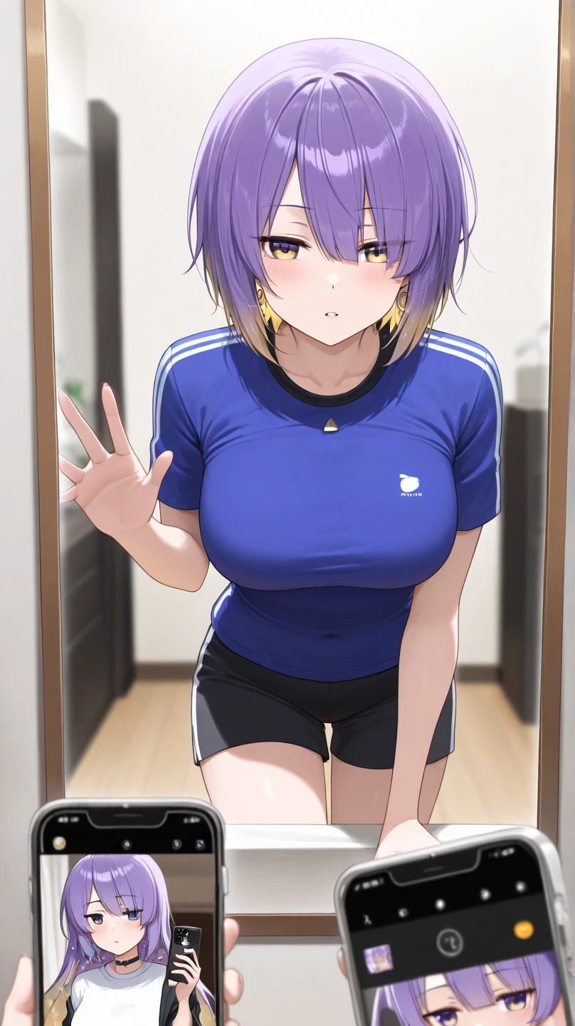2d, masterpiece, best quality, anime, highly detailed, 1girl, solo, cowboy shot, nakano ichika, pink hair, short hair, seduce smile:1.3, sport uniform:1.3, medium breasts, squatting, spread legs, selfie, bathroom, mirror,