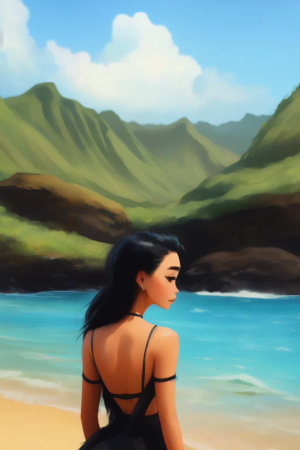 samdoesart style, hawaiian girl, floating black long hair, traditional hawaiian clothes, hawaii beach background, S4M Y4NG