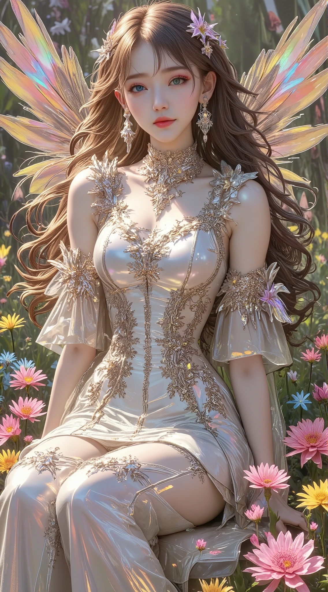 HDR,UHD,8K, best quality, masterpiece, Highly detailed, Studio lighting, physically-based rendering, 1girl, solo,
queen of fairy, long dress with flowers, (light pink dress), butterfly wings, with ornaments and flowers on top, high heel, high socks, earrings, necklace, flowers background, bokeh,
<lora:ButterflyQueen:0.6>
