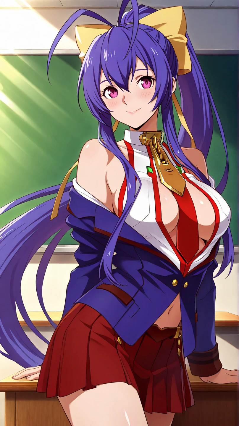 Best Quality, masutepiece, Portrait, 1girl in, Kurokami Medaka, Red Eyes, Blue hair, Long hair, Ahoge, Large breasts, School uniform, cleavage cutout, Clothes Cutout, Pleated skirt, crass room, Looking at Viewer, Smile,