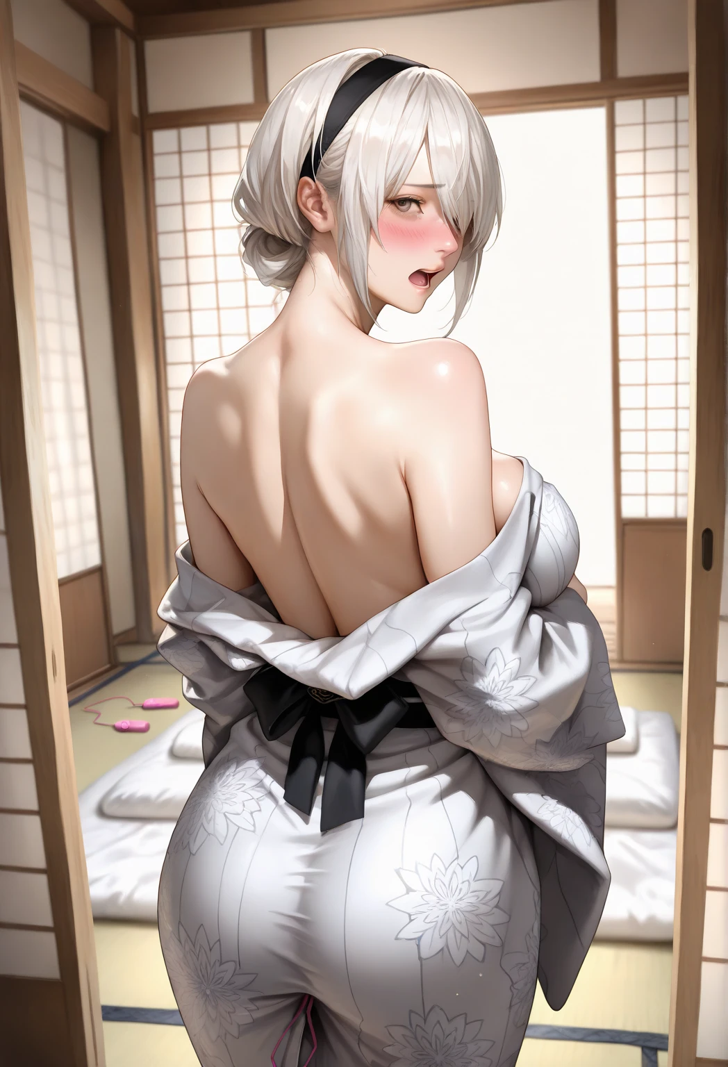 Character Details:, - Gender: 1 Girl.
- Style: Anime, - Body Type: Attractive body, slim body, nice legs, slim tights, nice arms, nice shoulders. - Breast: (Small Breast:1.2), (Cleavage:1.1), (Nipple:1.1), (Slip Nipple:1.1), (Milk), (White Milk), (White Goo:1.1), (White Sticky Goo Over Body:1.1), (White Goo over Face:1.1), (Sticky Liquid on Breast:1.4), (Wet Thighs:1.2).
- Facial Feature: Beautiful, Gorgeous, Teenager, Fresh, Young.
- Expression: Shy, Pink Blush on Face, open mouth, Pink Tongue, Sexy Eyes, Sexy Look, (Sweating:1.4), Innocent Look, Tipsy. - Hairstyle: Blunt Bangs, Long Hair. - Hair Color: (White Hair:1.5), (Cute Short Hair:1.3),
- Clothing: (Sexy Kimono:1.6), (Off-Shoulder:1.3),. - Body Pose: (bend over:1.4),(kneel:1.4),(spread leg:1.2),. - Behaviour: Waiting, Want Something, Secretly.
- Accessories: Earrings, No Hair Accessories, Environmental Details:, - Setting: Bed Room., - Lighting: Natural Light., - Decoration: Modern Bed, Chair, Window, White Curtain, City View. Top view. pov, anime style, UHD, retina, masterpiece, accurate, anatomically correct, textured skin.