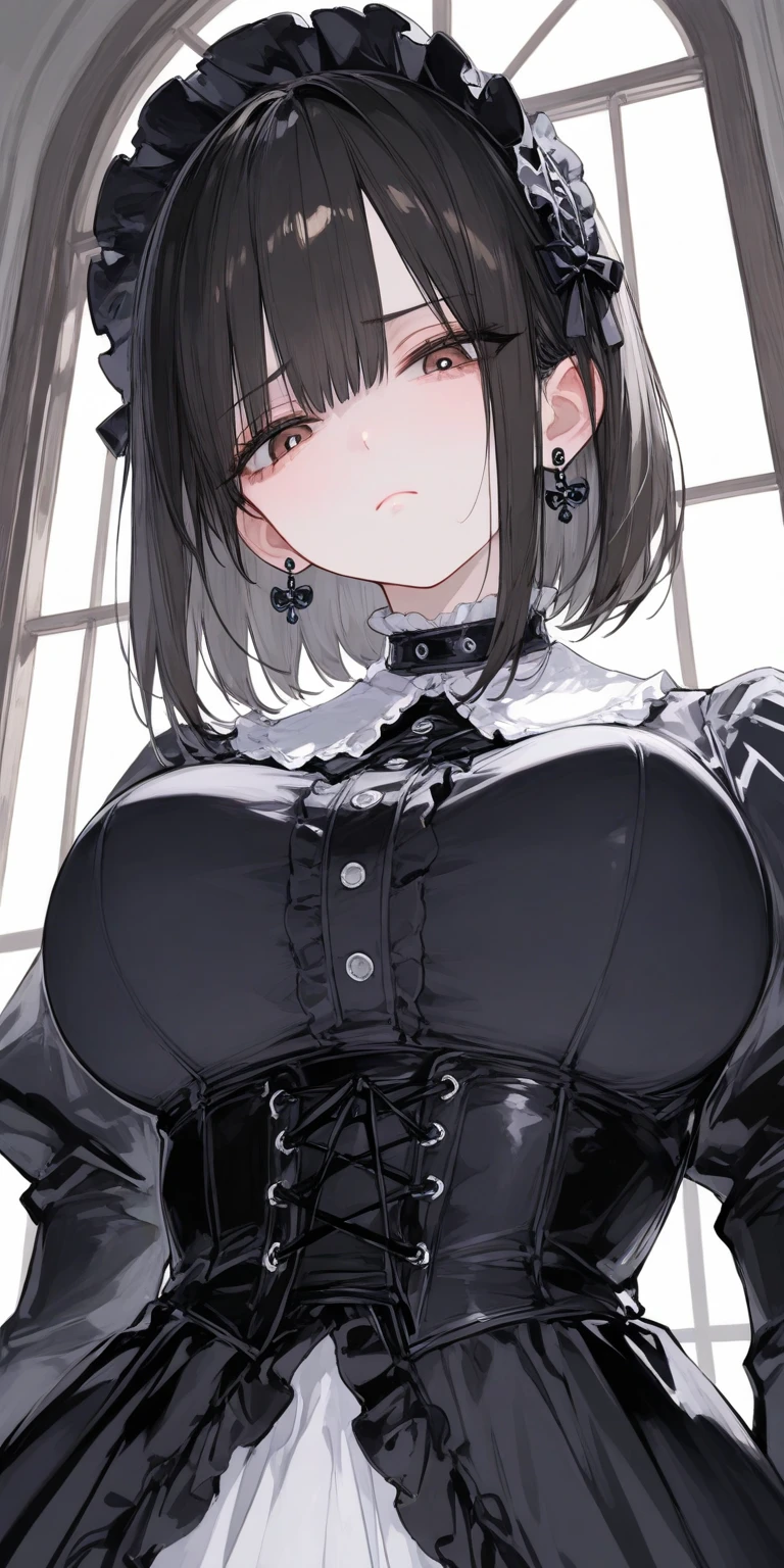 ((Best quality)), ((masterpiece)), (detailed: 1.4), beautiful woman, short black shirt open, short skirt, black hair locks gray, fringe twin tails, black rose, skull, neckline, sweaty, wide square, defined body, body shine, sarcastic smile, dark, black lipstick, ink, (solo), realistic,((masterpiece)), (best quality), (detailed), (1 girl), large breasts, sexy, thicc