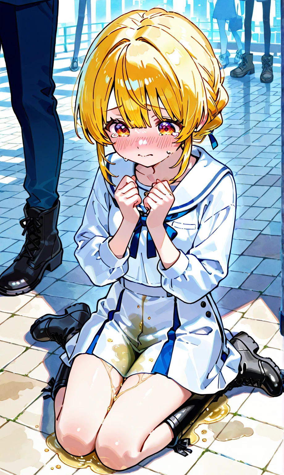 <lora:fetal_position2:1.0> , fetal position, bent legs, 4koma, anger vein, blonde hair, blue eyes, bucket, comic, hat, long hair, red eyes, short hair, tears, v, wings
