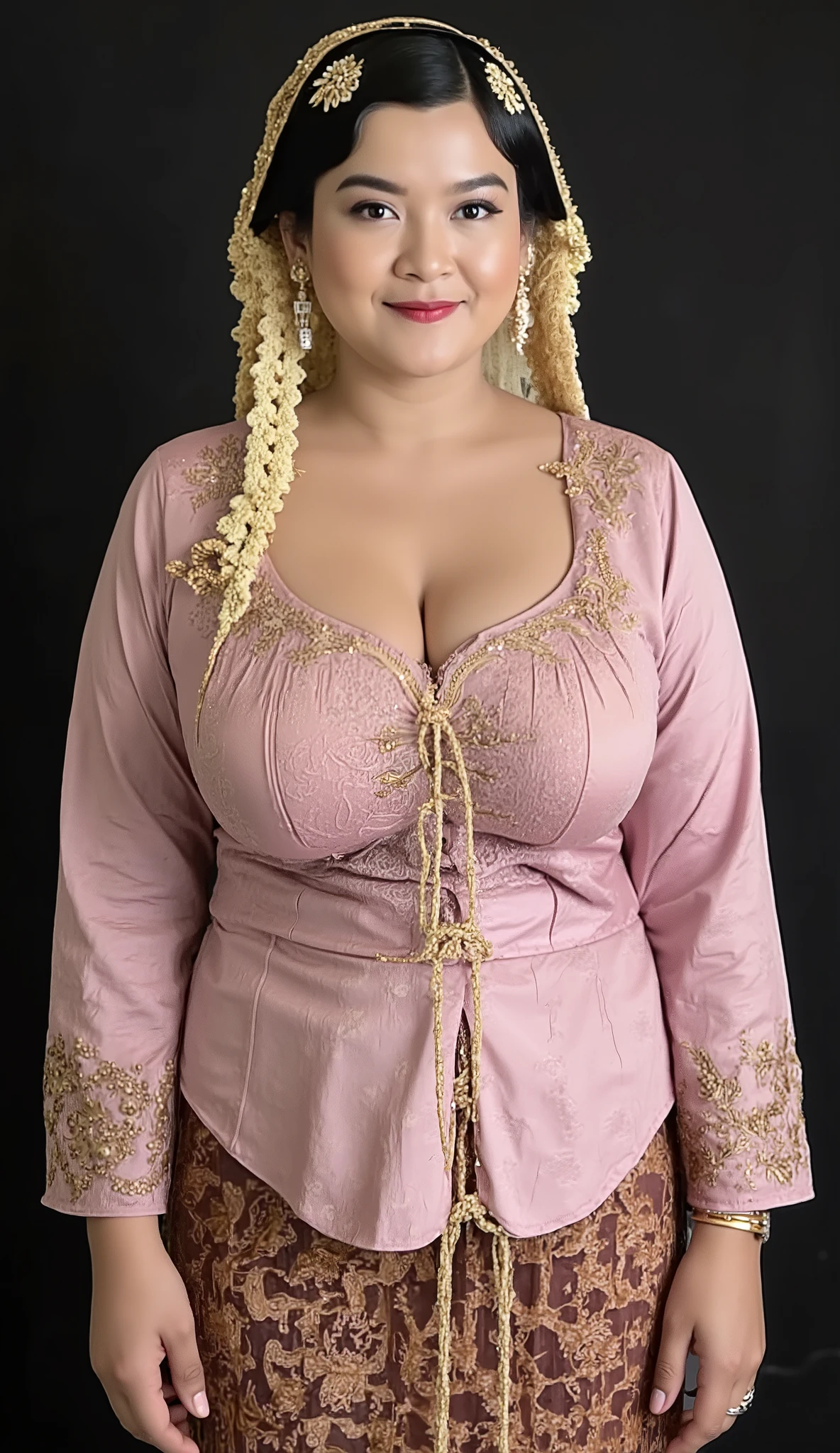 A beautiful indonesian mom 45s has plump body , dressed in traditional Javanese formal attire, She wears a wearing a pink kebaya with gold ornament , paired with a beautifully patterned batik kain in earthy tones . His outfit is completed with a gold-accented hijab, reflecting Javanese culture. Dark photo studio background. She is looking at the viewer with bright and loving eyes. She is leaning forwardal. Close-up of sexy body, very detailed. Soft, professional lighting highlights the textures of the outfit. Hasselblad H6D-400c MS, low exposure, big breast, huge breast, big arms, high contrast, ISO 100, with a 120mm macro lens. bulky belly, bulky breast, milky breast, breast larger than head, huge breasts, wrinkled breast, veiny breasts, lactating, montgomery glands, bright skin, gigantic breast, fat super breast, huge triplet breast, massive nipples, massive gigantomastia, macromastia, inverted nipples, exaggerated gigantic areolas, dark areolas, areolas visible, jiggling breasts, plump lips, ultra detailed breasts, saggy breasts, standing model pose 3/4 body, breast moles, mega cleavage. Closed up.