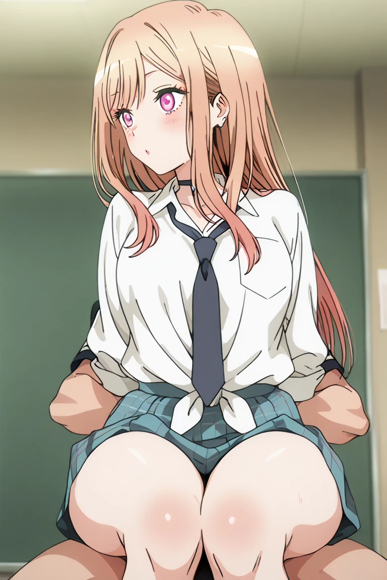 (2 girls) ,(old high quality) ,(Yukinoshita Yukino ,blue eyes), (Yuigahama Yui , brown eyes,big breasts),classroom ,machine,Chair,open your mouth,,glare, troubled face,(low position),(Seen from below),school uniform,(check skirt),nsfw,sit,thighs,knee,(white panties),(pink panties),