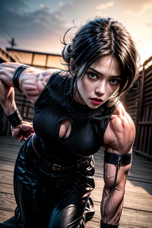 (masterpiece, photorealistic:1.4, extremely intricate:1.3), (photon mapping, radiosity, physically based rendering, ultra resolution, hyper-realistic, photorealistic:1.4, hyper-realistic, 8K), portrait of a muscular girl, ((chrome perfectchainmail armor:0.3)), metal reflections, upper body, portrait, outdoors, intense sunlight, far away castle, professional photograph of a stunning woman, (short undercut dark shaved hair, dynamic pose), sharp focus, dramatic, award winning, cinematic lighting, (film grain, bokeh, sunset, interaction), 8K