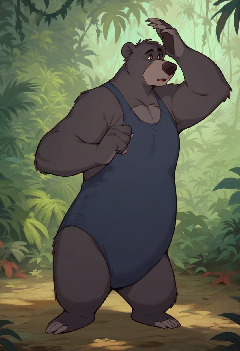 ((masterpiece, best quality)),solo, solo, baloo, huge muscular, green competitive briefs, posing, cowboy shot, black eyes, furry, bear, no humans, jungle,