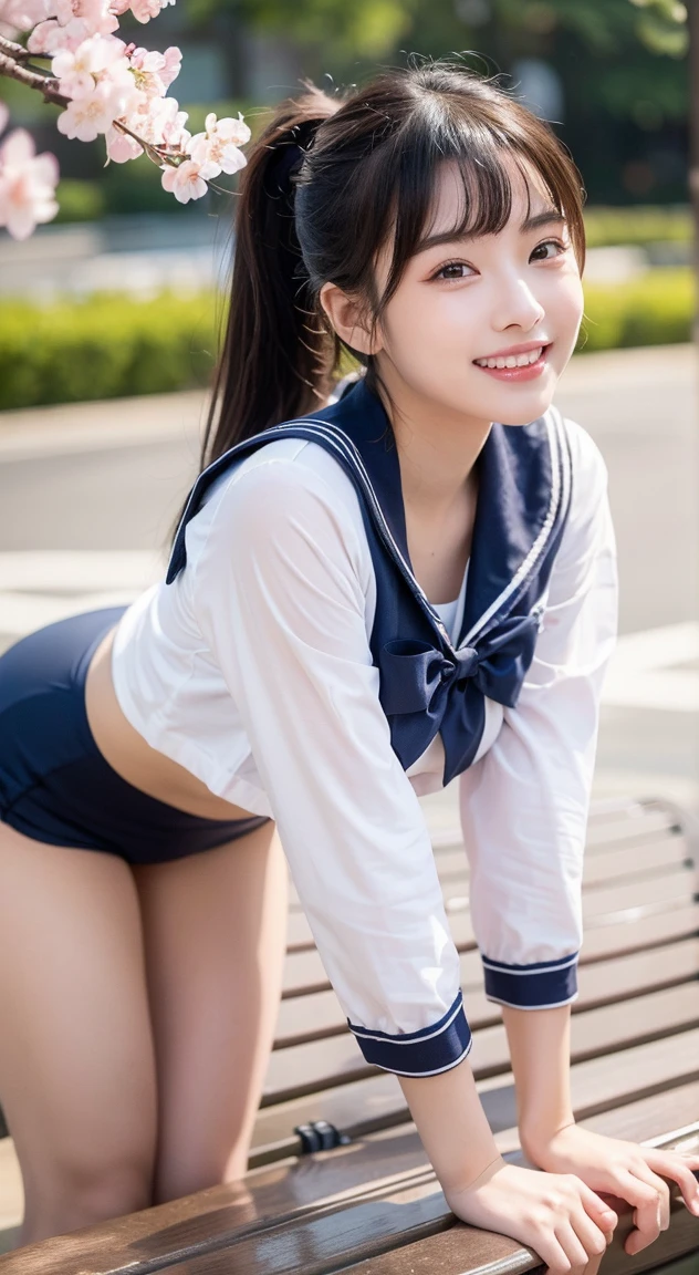 In detail,Full body photo、 One high school girl、High resolution, high quality、Slim body、Perfect dynamic composition, Beautiful fine details, Twin tails、Natural color lip,Kamimei、15-year-old girl、Clear Skin、Navy blue sailor suit with short sleeves、Navy blue mini skirt、Thighs、Shiny Hair、最high quality, figure, Very detailed, In detail, High resolution, 8k、The correct state of the human body、Sculpture model pose，Dark blue walls,Looking at the viewer with his back turned、Sticking out her butt、Thighs are visible、smile、