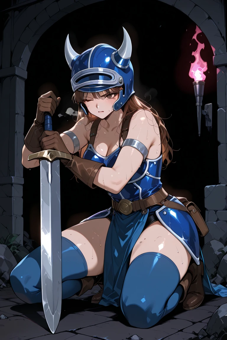 dqdaisy, brown hair, brown eye,wince,horned helmet, fake horns, blue armor, belt, armlet, brown gloves, blue thighhighs, bare shoulders, cleavage, Survivor's Breath: Aftermath of Battle、on one knee、knee up、. Crouching on one knee.from below.low angle,Hands on sword hilt.knee up、on one knee、
Anime comic style illustration, flat animation, retro 1980s style, Dragon Quest aesthetic.xss、wince,sweat,Dirt on equipment. Dirt on the body. 
Out of breath with mouth open. Tiredness.Brown leather boots.straight hair、Brown leather gloves.one eye closed,heroine, Pale lipstick.Pale blush.
In the oppressive gloom of a dungeon, a formidable female warrior rests after a strenuous fight. Her **blue armor** is scuffed, and her **long brown hair** is slightly disheveled. She's on one knee, using her **sword as a prop**, visibly **tired and out of breath**. A weary, almost embarrassed **wry smile** is on her lips as she looks directly at the viewer. Her **bare shoulders** with **thick straps**, **blue pelvic curtain** over her hips, **beautiful thighs** above **light blue thigh-highs**, and **black inner leotard** are all visible. Her **horned helmet (fake horns)** might be hanging from her belt or placed beside her.

**Camera:** A close-up shot, focusing on her face, upper torso, and the hand gripping the sword. This intimate perspective highlights her exhaustion, the detail of her armor, and the subtle wry smile, drawing the viewer into her moment of respite.
**Lighting:** Dark and atmospheric, with the main light source coming from a single point (e.g., a magic orb, a distant torch), creating strong contrasts and emphasizing her fatigue through shadows under her eyes. The flat colors retain vibrancy despite the darkness.
**Background:** The immediate, rough stone floor and wall of the dungeon, possibly with a defeated monster's outline faintly visible in the deeper shadows, providing context to the hard-fought victory.