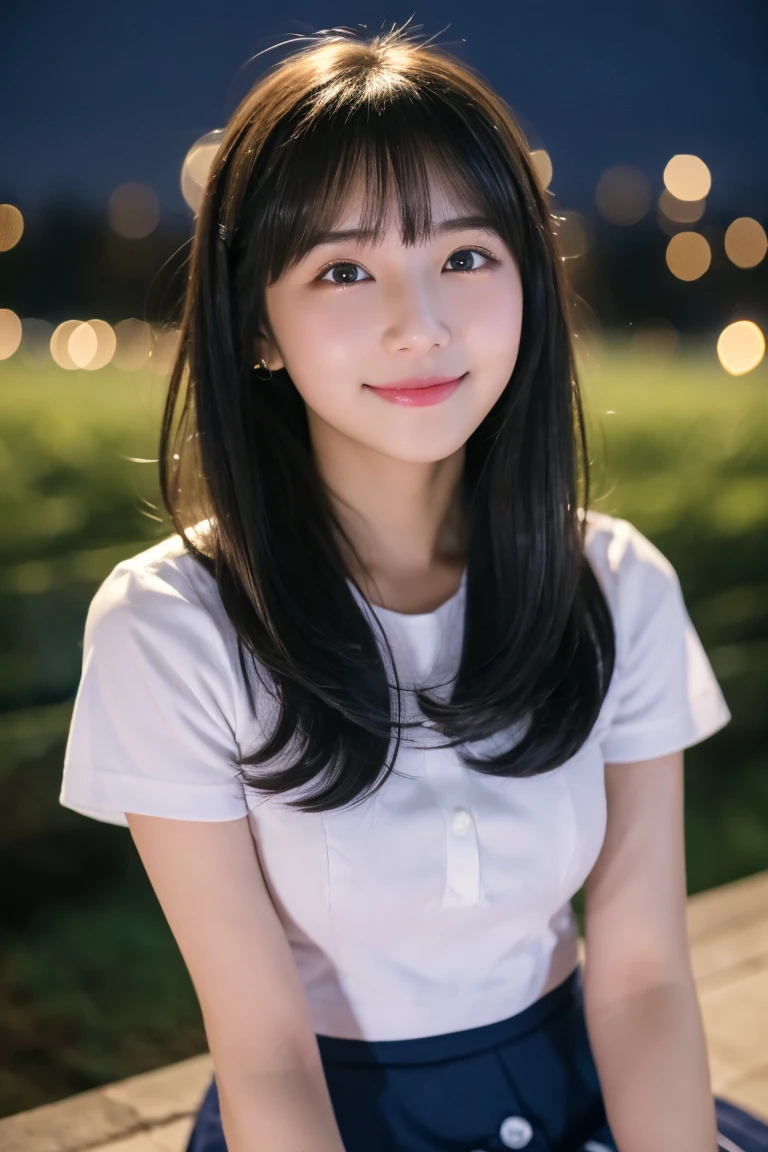 masterpiece、8k、Highest quality、21 years old、Beautiful Eyes、Close-up of a face、Cute Smile、from the front、Riverbank、night、Sky、(((Many Stars)))、Looking up at the sky、Looking into the distance、((White camisole))、((Navy blue mini skirt))、Rural landscape、Medium-long hair、Straight black hair、bangs