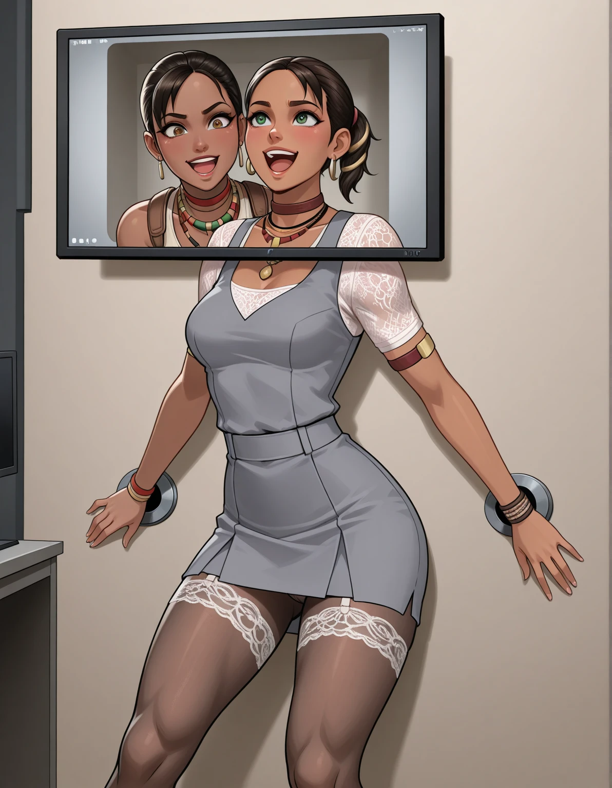 conjoined, 2heads, girl with two heads instead of one, 2head, cuerpo curvilineo, brazos curvilineos, usando shorts, ropa abrigada, piernas curvilineas, anime cartoon, each head has a ponytail, pechos grandes