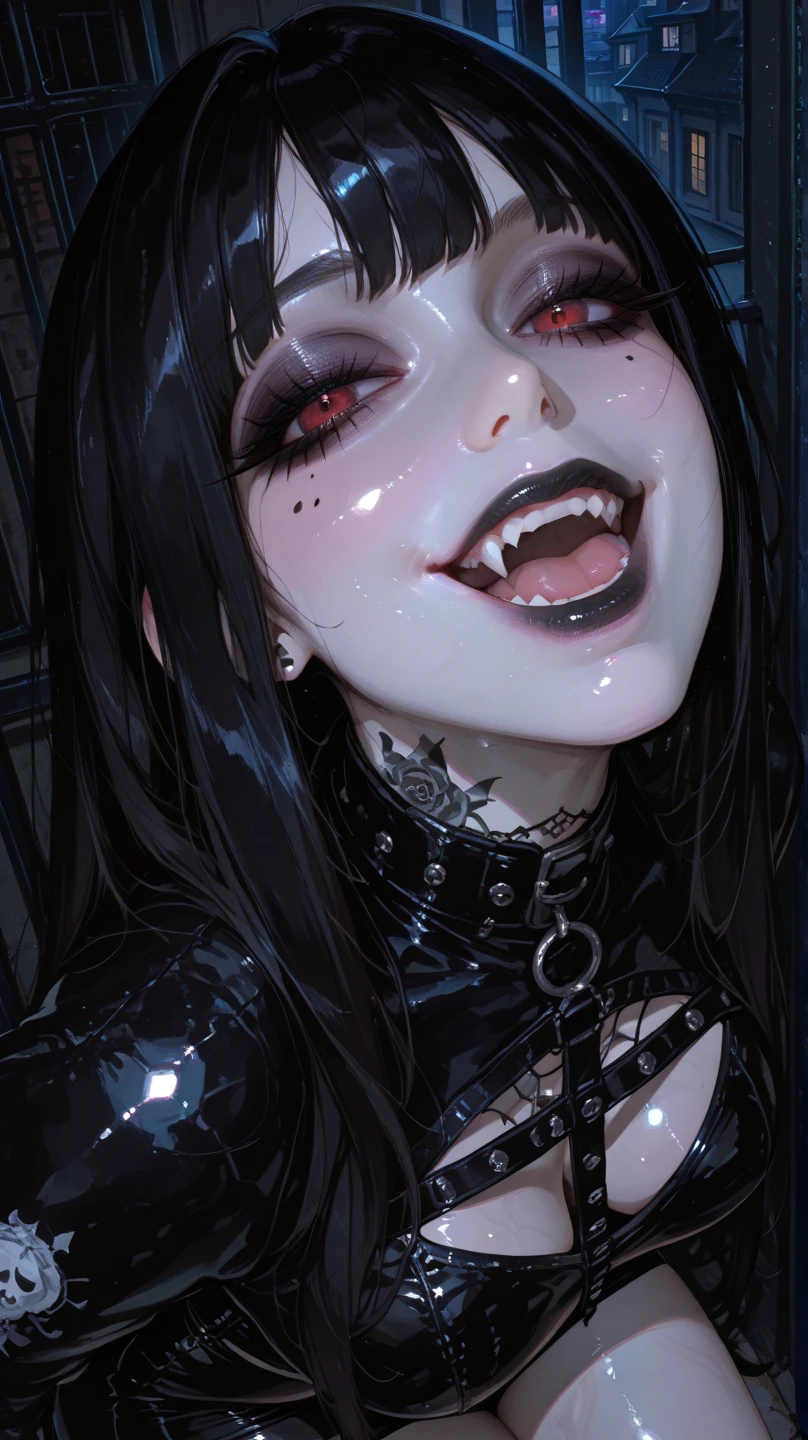 1girl, solo, black short hair, open mouth, shadow forest background, gothic jewelry, black eyes, gothic earrings, teeth, tongue, tongue out, saliva, sharp teeth, portrait, black eyes, forked tongue, neon black gold color palette