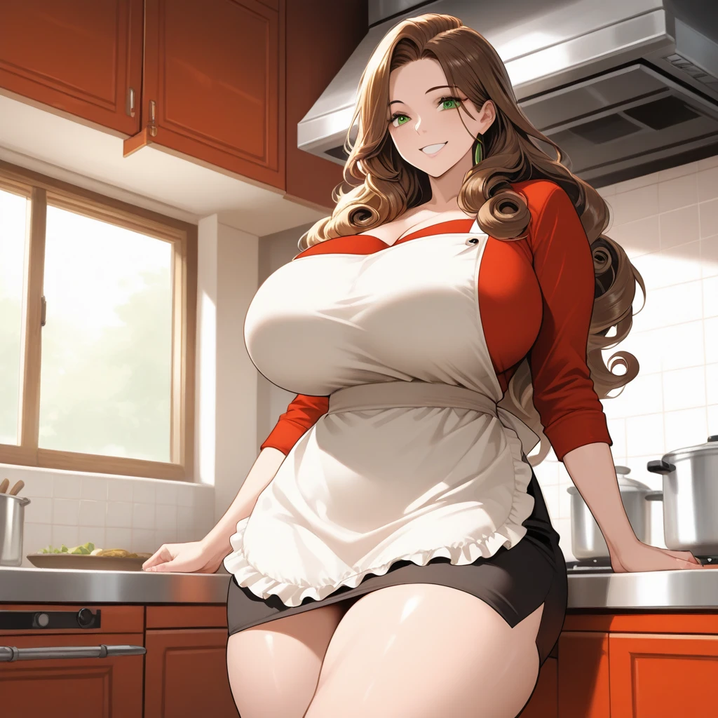 (Masterpiece、Highest quality、Very detailed、4K)、One Woman、17 years old、Big Breasts、Thighs、Butt、Apron only、stand