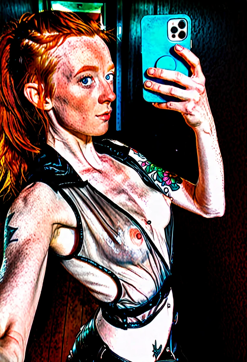 red pubic hair, realistic, very skinny body, small boobs, tan body, one ginger asian 1girl, 18 years old, redhead ponytail, light blue eyes, ((freckles)), cute, ,,chain,silver dress,no bra,no panties,see-through, chained at dungeon wall , puffy pussy, front view