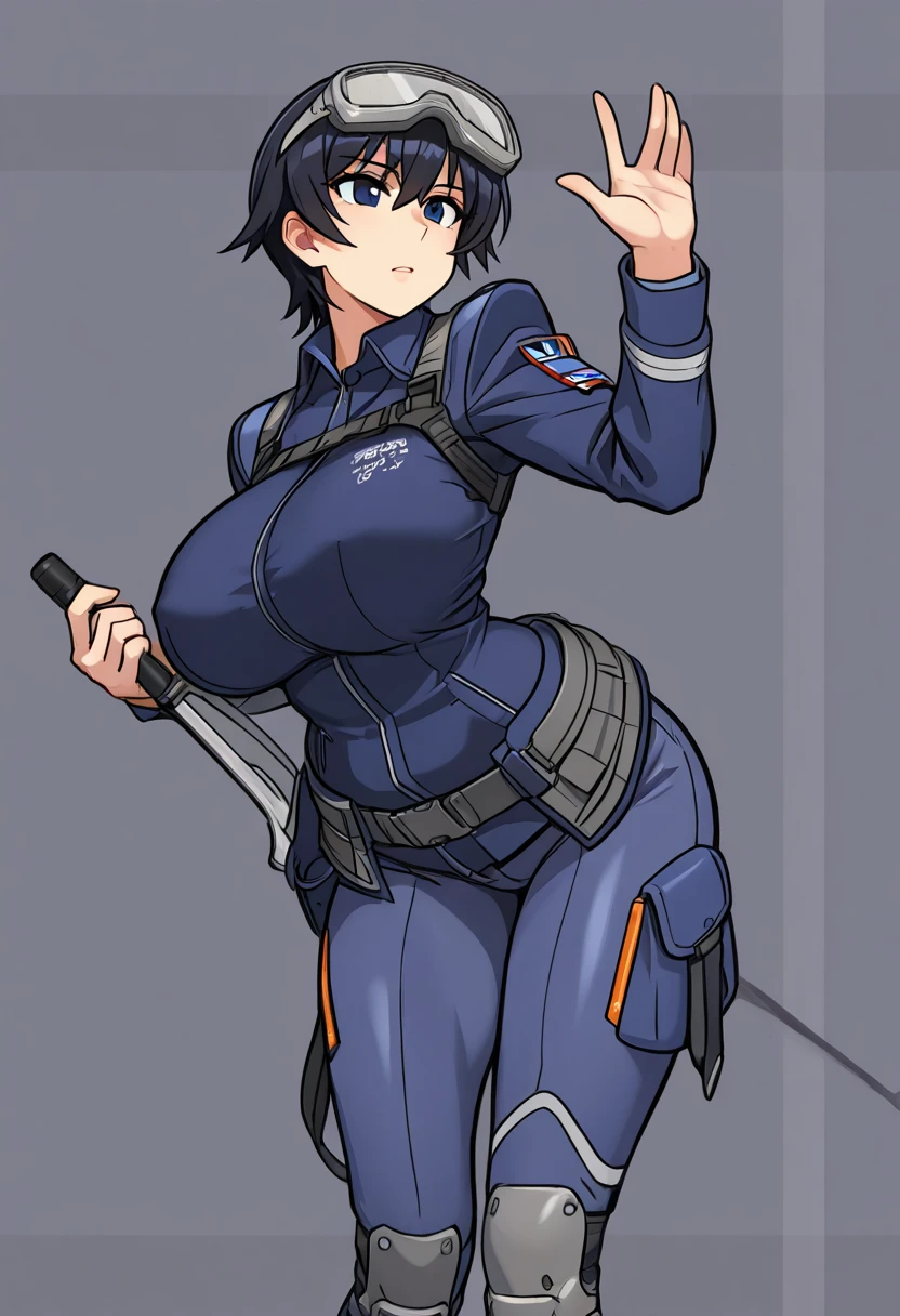 realistic, masterpiece, highest quality, perfect anatomy, (fine eyes), female police officer, huge breasts, Sweat, outdoor, ((NSFW、navy blue sci-fi suit、navy blue protector)), yellow eyes、bob cut、police hat、black hair ,  ((blush))、(wide hips),smile、 closed one eye、wide ass、((((embarrassing)))), city、kneel down、((Hold a big assault rifle))