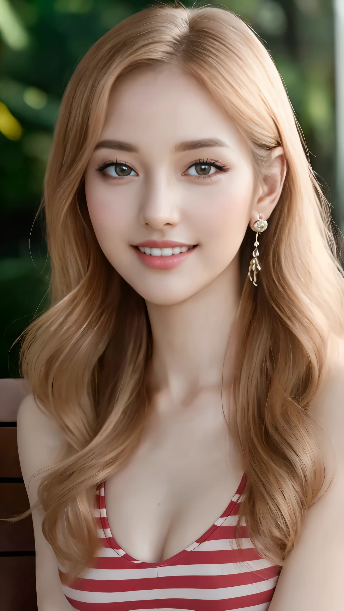 Realistic photo of the upper body of a smiling woman, beautiful blonde woman with long hair, She dances in front of the camera in a long A-line bridesmaid dress with straps made of shiny green satin., Park,glamour fotoshooting, Wedding celebration, perfect ???????, perfect blue eyes. Perfect hands with 5 fingers on each hand, Suitable woman , looking at the camera, 1 Frau. (Eye make up:1.1), (highly detailed skin:1.1), spirit, analog style, keen focus, 8K  UHD, dslr, good quality, Fujifilm XT3, Grain, Award-winning, ​masterpiece. Wedding celebration