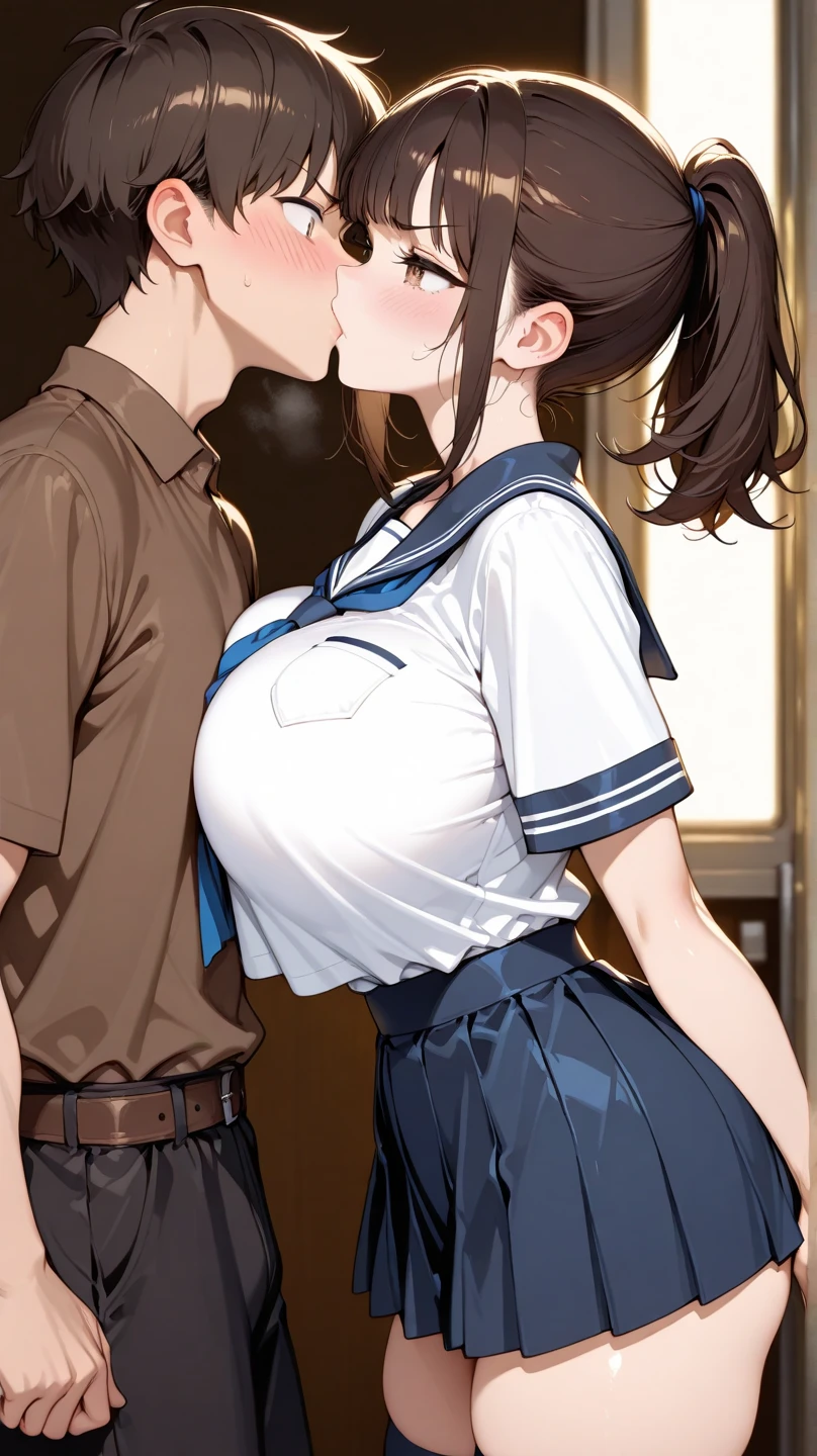 masterpiece, Highest quality, so beautiful, Absurd, smile,2 people,One girl, huge tit, Pleated skirt, Tucked in shirt, Tent shirt,lover,Shota,cute_a bit_boy,1boy,hug,,on stage,Floating water droplets,