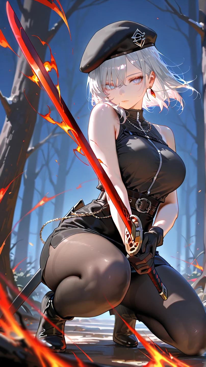 1girl, fgo, flat chest, (:1.2), solo, long black skirt, look at viewer, city background,