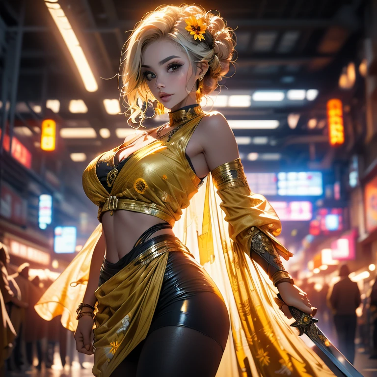 Full body, gray hair, (Dragoon: 1.2), Brantovan, masterpiece, best quality, official art, very elaborate CG Unity 8K wallpaper, for girls, ultra high resolution, (photorealistic: 1.4), golden hour lighting, sweater dress, (upper body), (platinum shorthair: 0.8), (puffy eyes), looking at the viewer, frontal, smile, medium breasts, gentle smile, Shirt lift, gloves, short hair