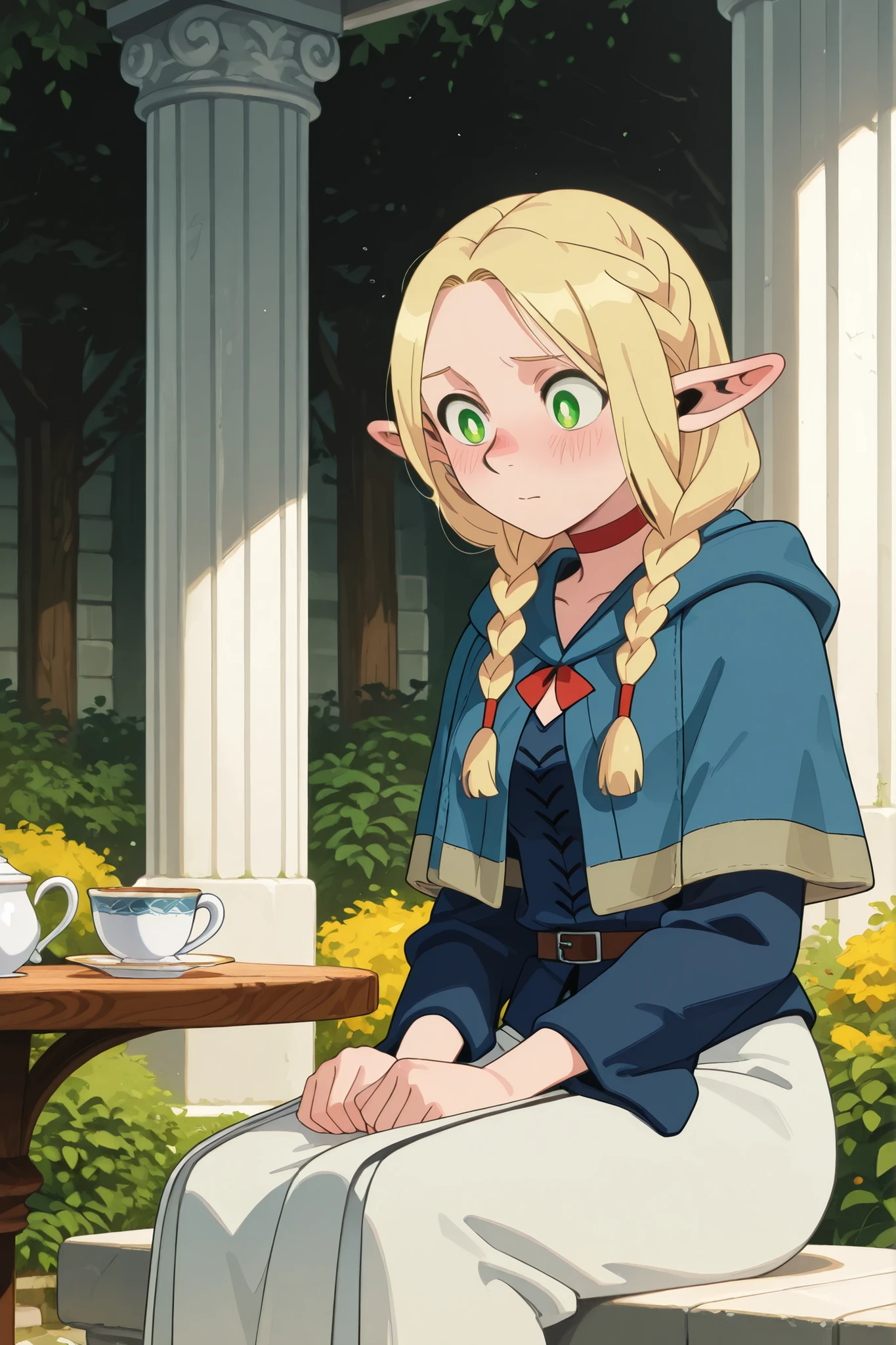 score 9, score 8 up, score 7 up, score 6 up, score 5 up, score 4 up,
1 girl, solo,
blushing, mouth closed,
Marcille Donato,
Marcille Donato, long hair, blonde hair, green eyes, braids, pointy ears, twin braids, elf, light eyes, parted bangs,
masterpiece, best quality, latest, absurd, CG, anime, source anime, illustration, robe, long skirt, medium bust,
garden, pillar, sitting, teacup, table,