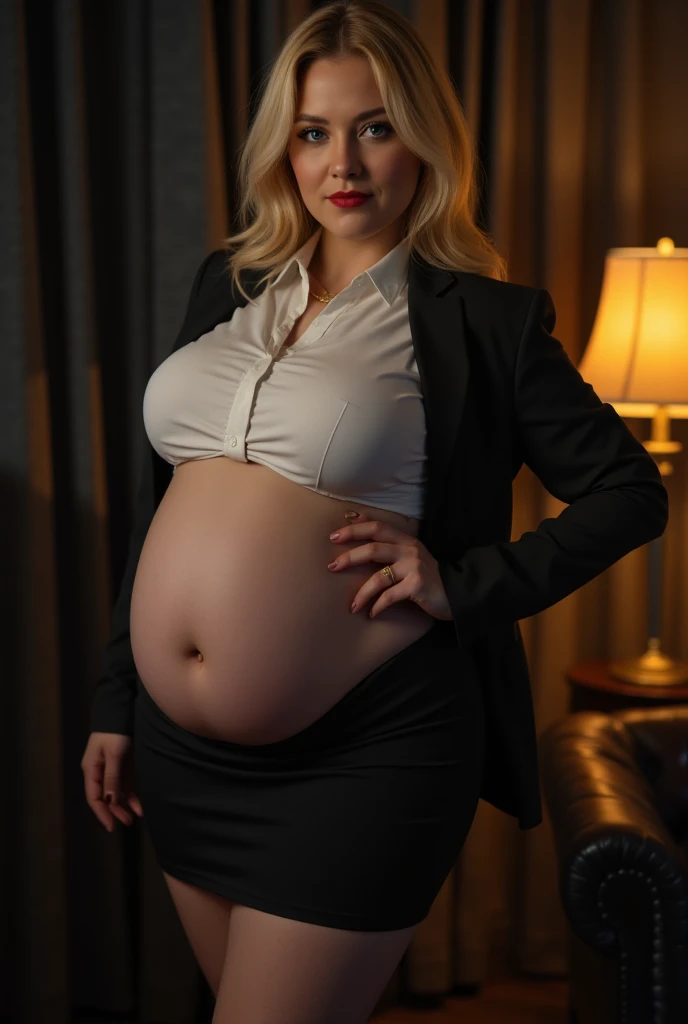 hyperrealistic, 1girl, 18 years old, bob hairstyle, curly hair, blonde, big eyes, smile, office uniform, tight uniform, mini skirt, very huge breasts, pregnant, standing, dynamic pose, facing forward, facing viewer, simple dark background, 8k, UHD, best quality, high resolution, photo taken from lower angle, ((low angle))